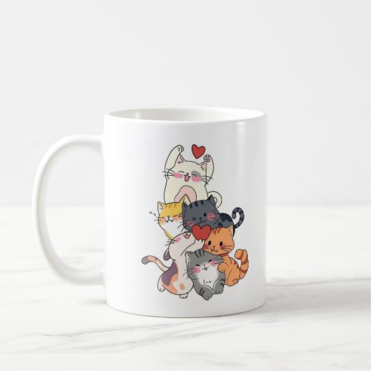 Mok met gestapelde cartoonkatten (Links)