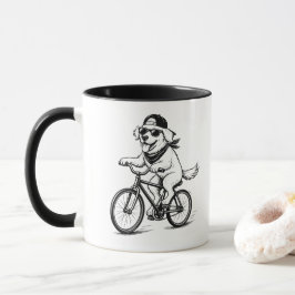 Mok met koele hond die op een fiets rijdt