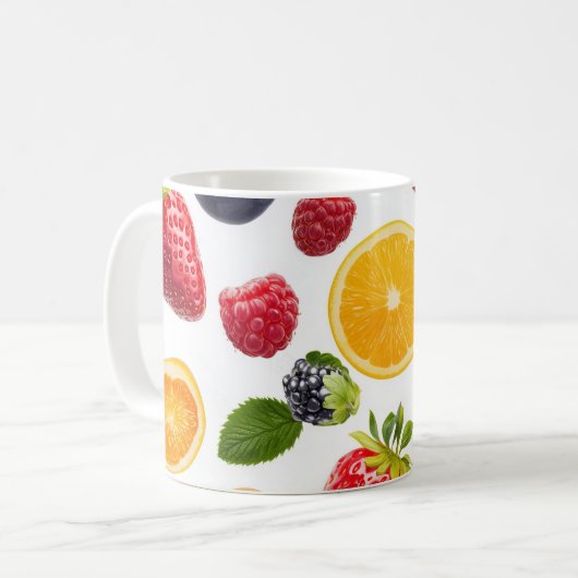 Mok met levendige afbeeldingen van vruchten (Voorkant links)