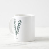 Mok met linocut botanische letter V en naam (Voorkant links)