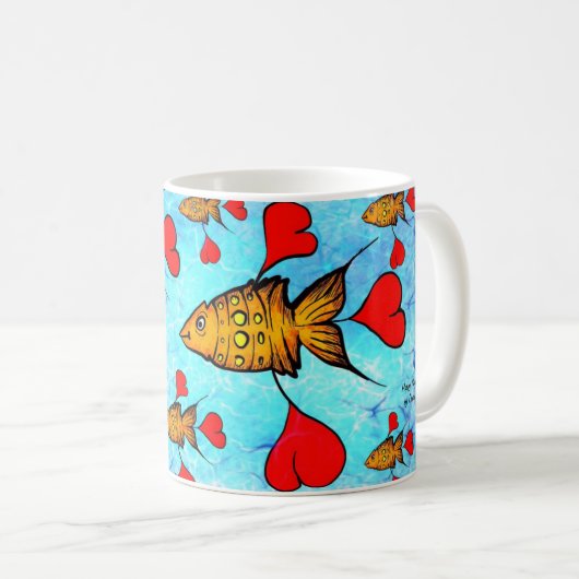 Mok met oranje vissen en rode harten! (Voorkant rechts)