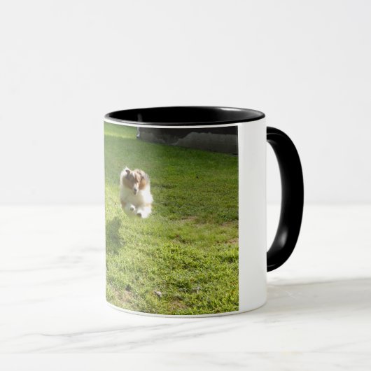 Mok met originele foto van Leaping Sheltie (Voorkant rechts)