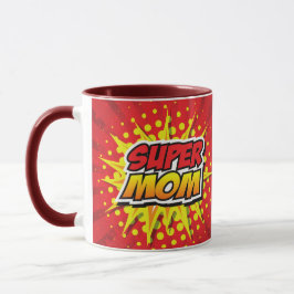 Mok met rode en gele super mama in stripstijl