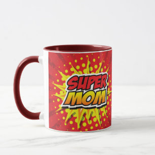 Mok met rode en gele super mama in stripstijl