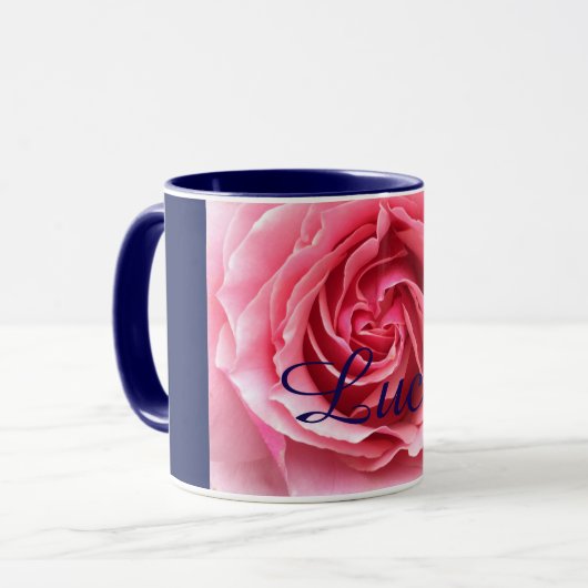 Mok met roze roze roze roze met blauwe sierstrip (Voorkant links)