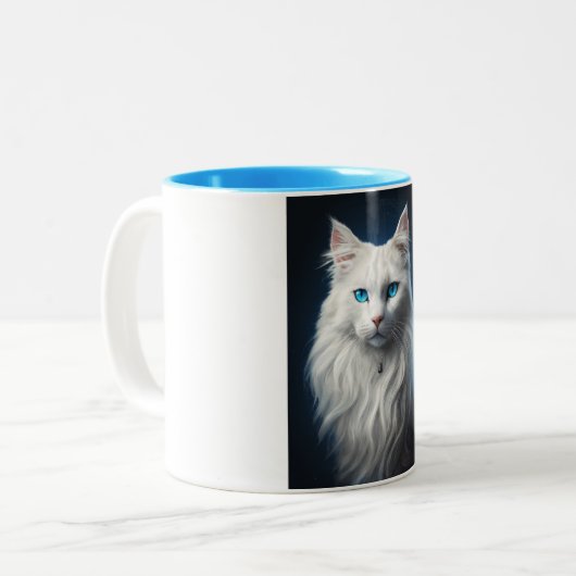 Mok met witte kat met blauwe ogen (Voorkant links)