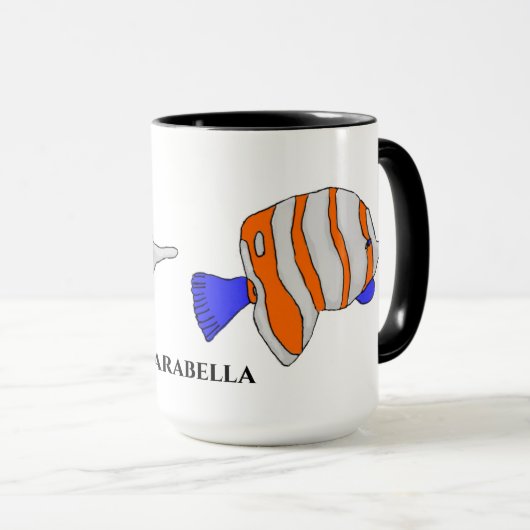 Mok met Zilveren, Oranje en Blauwe Vissen (Voorkant rechts)