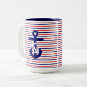 Mok rode witte en marinestripes W/Anchors koffie (Voorkant links)