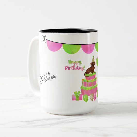 Mok roze en groene Dachshund Birthday (Voorkant links)