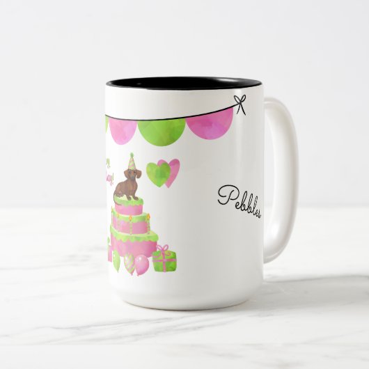 Mok roze en groene Dachshund Birthday (Voorkant rechts)
