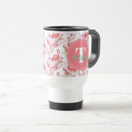 Mok roze Flamingo patroon monogram (Voorkant rechts)