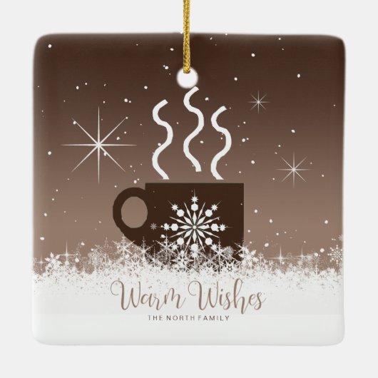 Mok Steaming Hot Drink met sneeuwrand Bruin ID595 Keramisch Ornament (Achterkant)