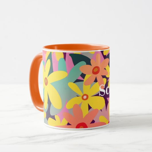 Mok van gele, roze en oranje bloemen (Voorkant links)