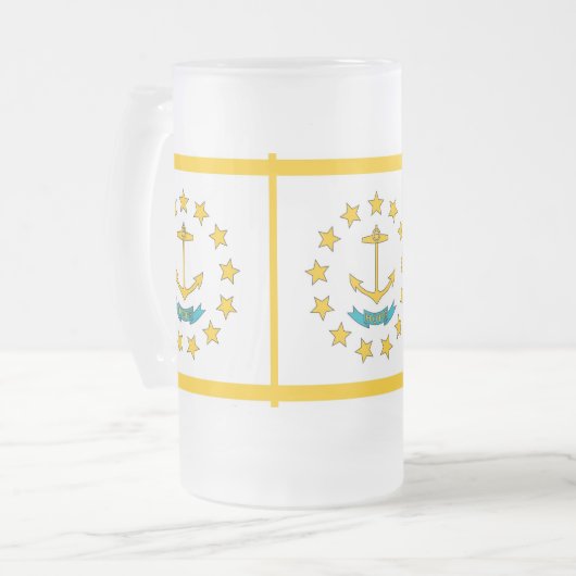 Mok van glas, bevroren, met vlag van Rhode Island, (Voorkant links)