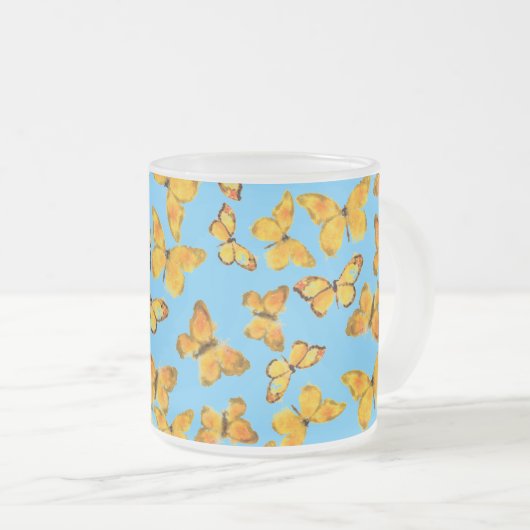 Mok van glas, gouden vlinders op Sky Blue (Voorkant rechts)