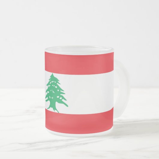 Mok van klein glas, voorgekookt, met vlag van Liba (Voorkant rechts)