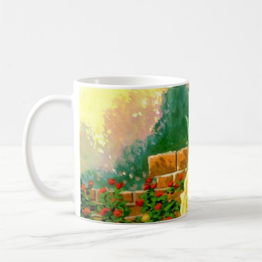 Mok van koffiekkoffie met gele rozen (Links)