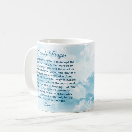 Mok van Serenity Prayer met Blue Sky en Clouds (Voorkant links)