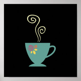 Mok van warme koffie, retro-florale porseleinen th poster