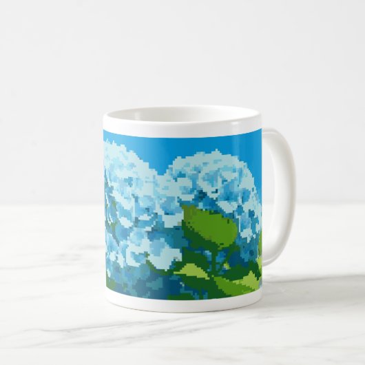 mok versierd met een pixel art blauwe hortensia's (Voorkant rechts)