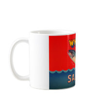 Mok versierd met vintage Alaskan zalm label