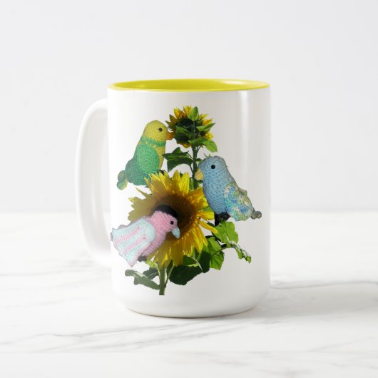 Mok - Vogels op Zonnebloem Naam over Bloem (Voorkant links)