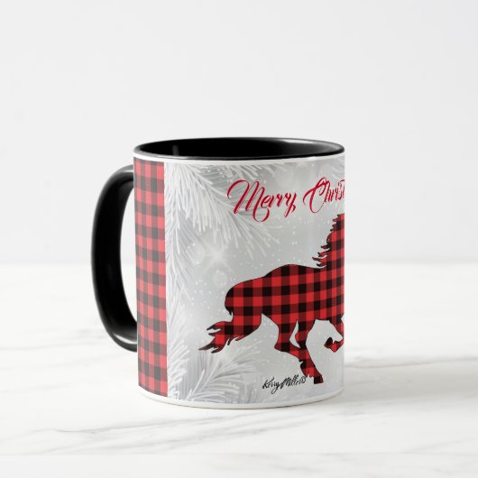 Mok voor kerstmis met rode en zwarte paardjes (Voorkant links)