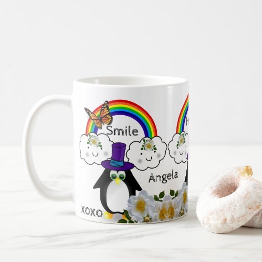 Mok voor regenboogwolken met pinguïn Butterfly (Met donut)