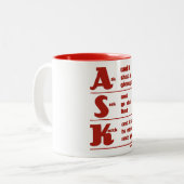 mok "Vragen, zoeken en knopen" (Voorkant links)