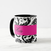 Mok zwart, wit, roze Damask "Hers" (Voorkant links)