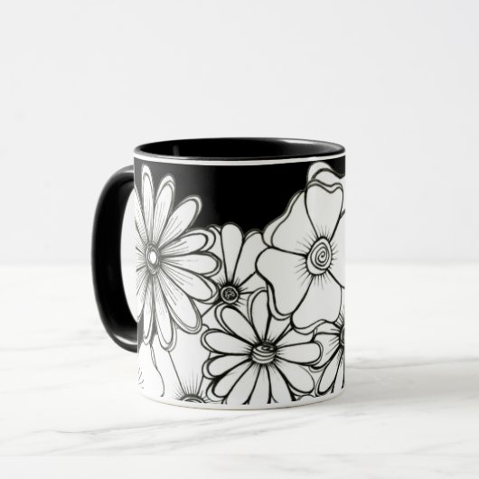 Mok zwarte en witte bloemen koffie (Voorkant links)