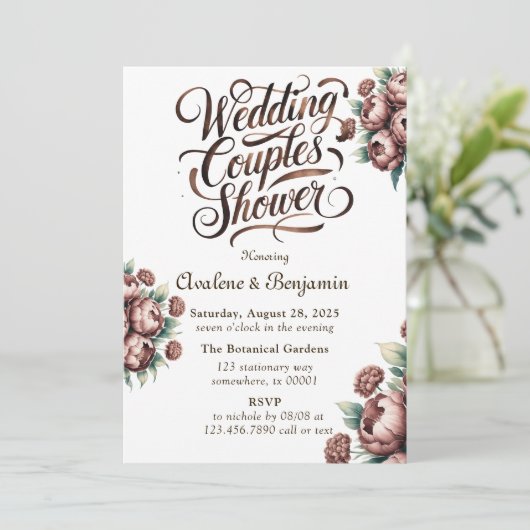 Mokka Bruine Geschilderde Pioen Bruiloft Koppels B Kaart (Staand voorkant)