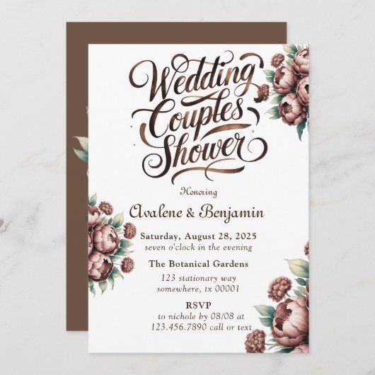 Mokka Bruine Geschilderde Pioen Bruiloft Koppels B Kaart (Voorkant / Achterkant)