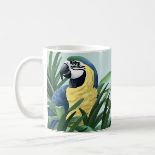 Mokken met blauwe en gouden Macaw (Links)