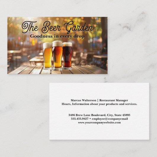 Mokken van schuimbier | restaurant in de buitenluc visitekaartje (Voorkant / Achterkant)