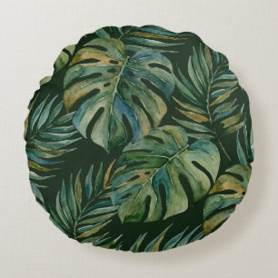 Moku Eiland Hawaiaanse Aquarel Monstera- Groen Rond Kussen