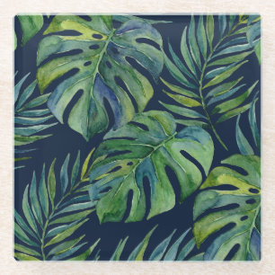 Moku Eiland Hawaiaanse Aquarel Monstera- Marinebla Glazen Onderzetter