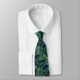 Moku Eiland Hawaiaanse Aquarel Monstera -Navy Stropdas