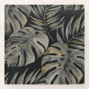 Moku Eiland Hawaiaanse Aquarel Monstera- Zwart Glazen Onderzetter