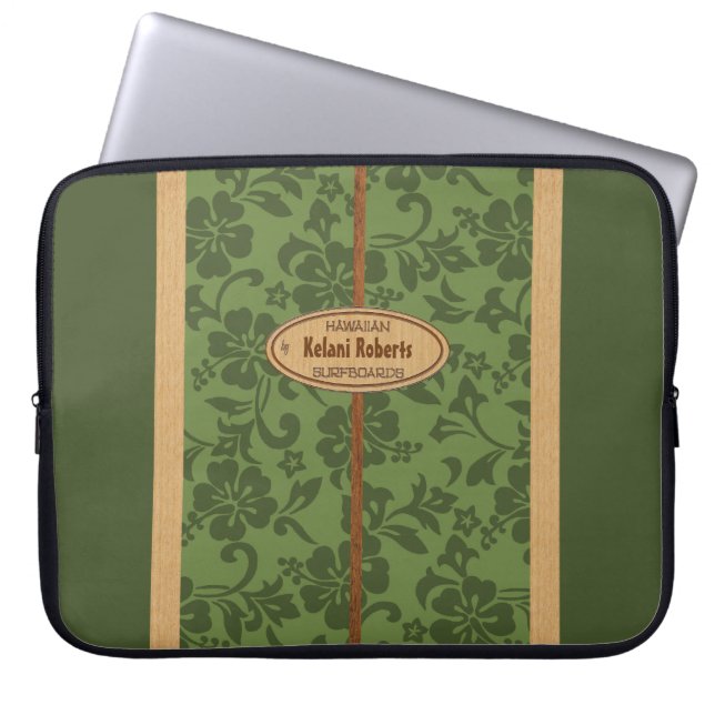 Mokuleia Hawaiian Faux Wood Monogram Surfboard Laptop Sleeve (Voorkant)