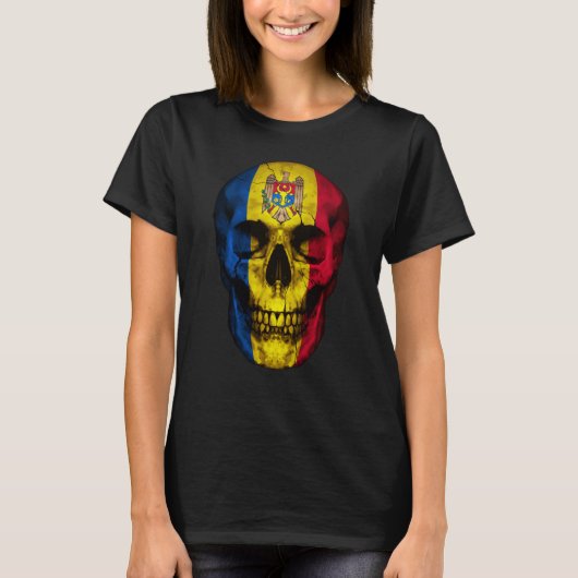 Moldova Flag Skull Moldovan Roots Proud Patriotic T-shirt (Voorkant)
