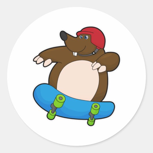 Mole als Skater met skateboard en helm Ronde Sticker (Voorkant)