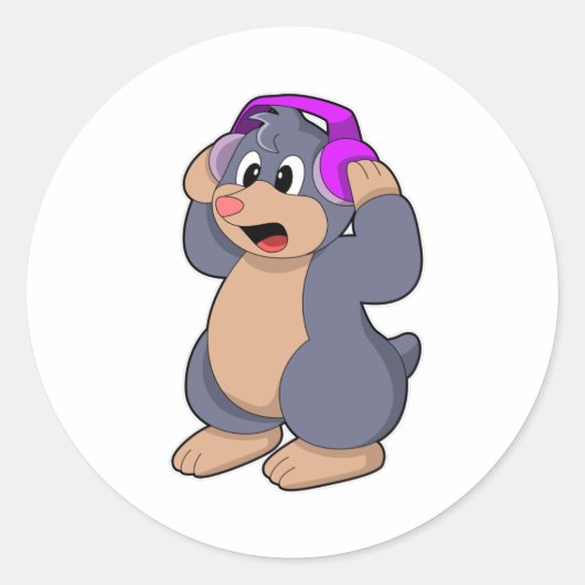 Mole bij Muziek met hoofdtelefoon Ronde Sticker (Voorkant)