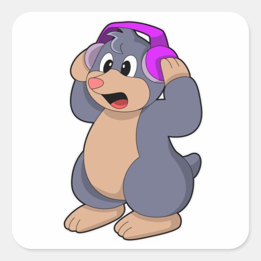 Mole bij Muziek met hoofdtelefoon Vierkante Sticker (Voorkant)