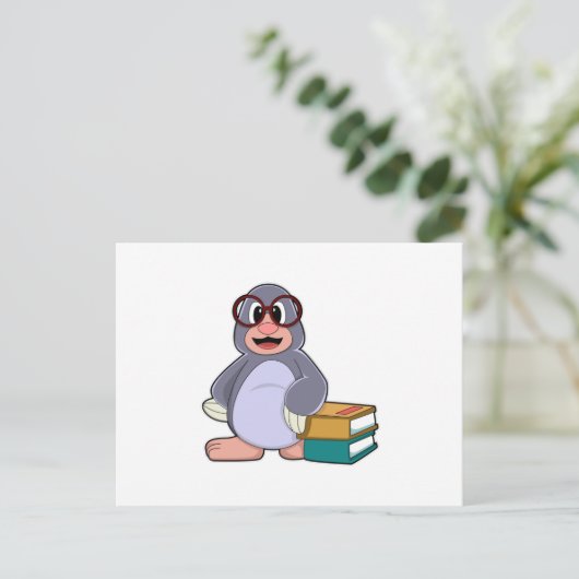 Mole met bril en boeken briefkaart (Staand voorkant)
