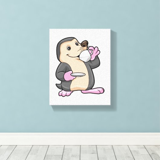 Mole met Cup Koffie & saucer Canvas Afdruk (Insitu (Houten vloer))