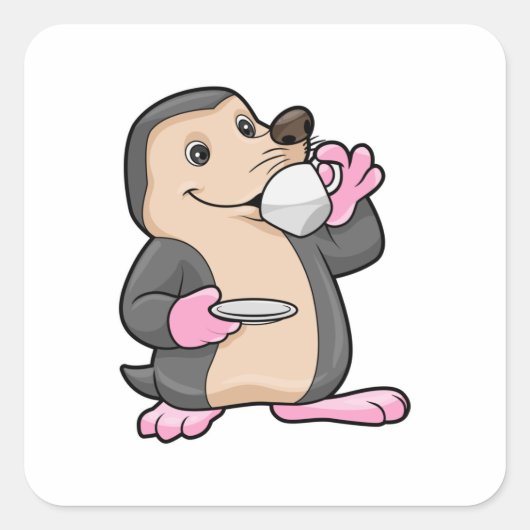 Mole met Cup Koffie & saucer Vierkante Sticker (Voorkant)