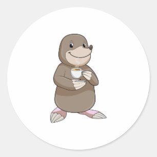 Mole met koffiebeker ronde sticker
