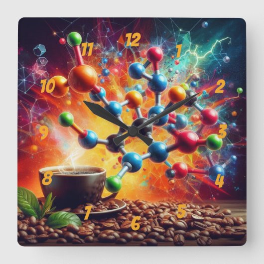 Moleculaire cafeïnestructuur - Science Art Coffee Vierkante Klok (Voorkant)