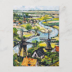 Molen en kerk bij rivier fantasie schilderij briefkaart